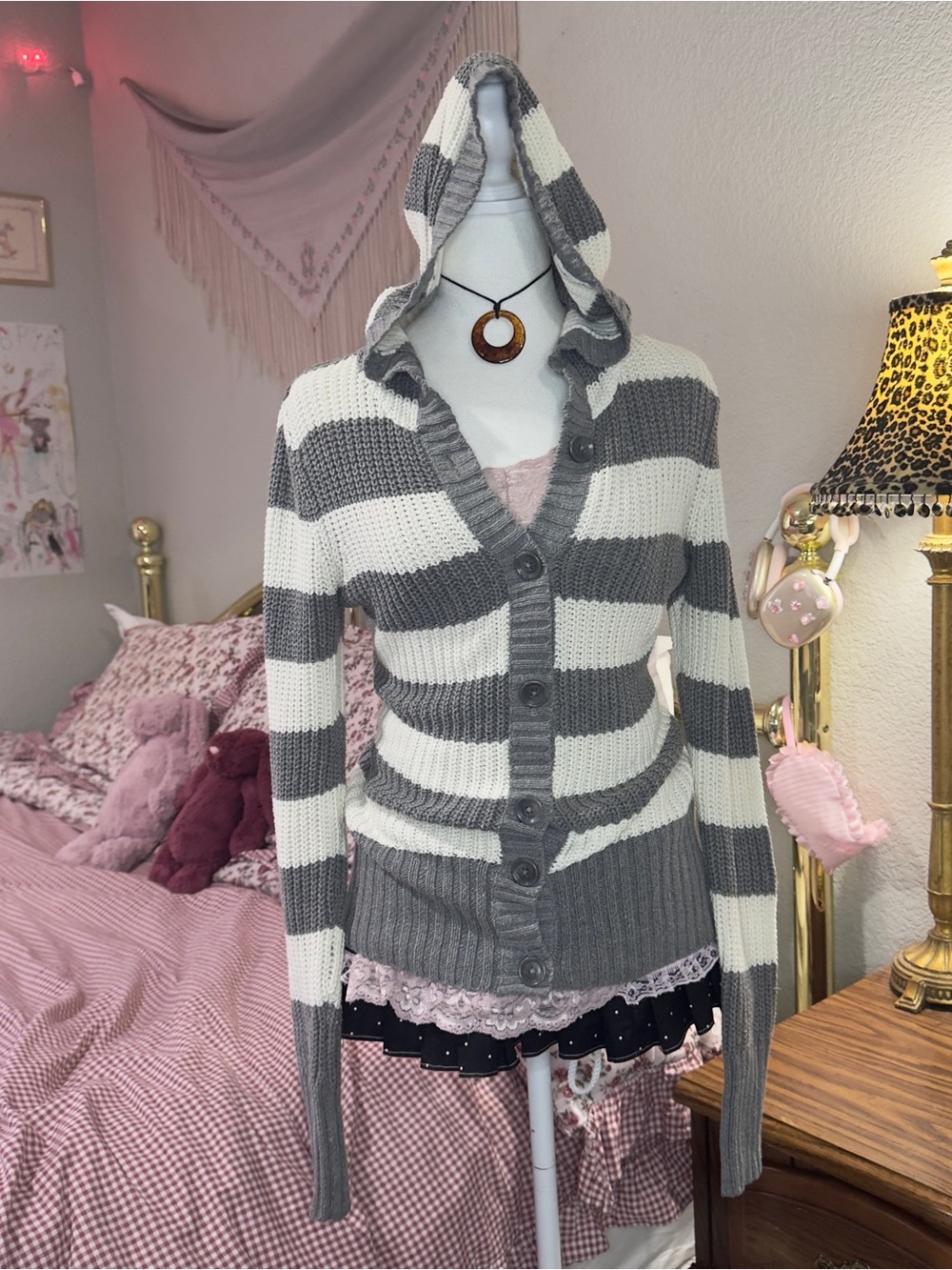 Y2K Aeropostale Striped Hooded Button-Front Women's Sweater - Gray & Cream